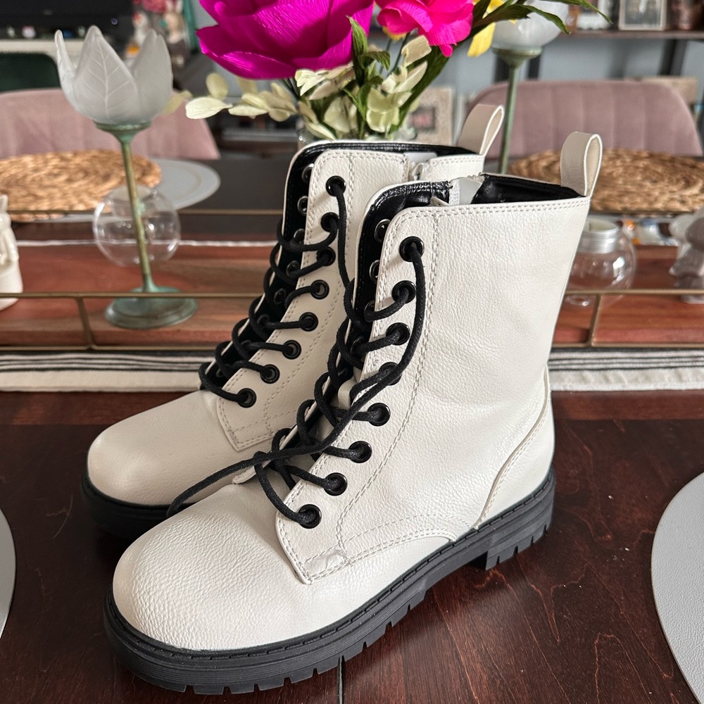 White and Black Combat Moto Boots with Chunky Sole-Like New!